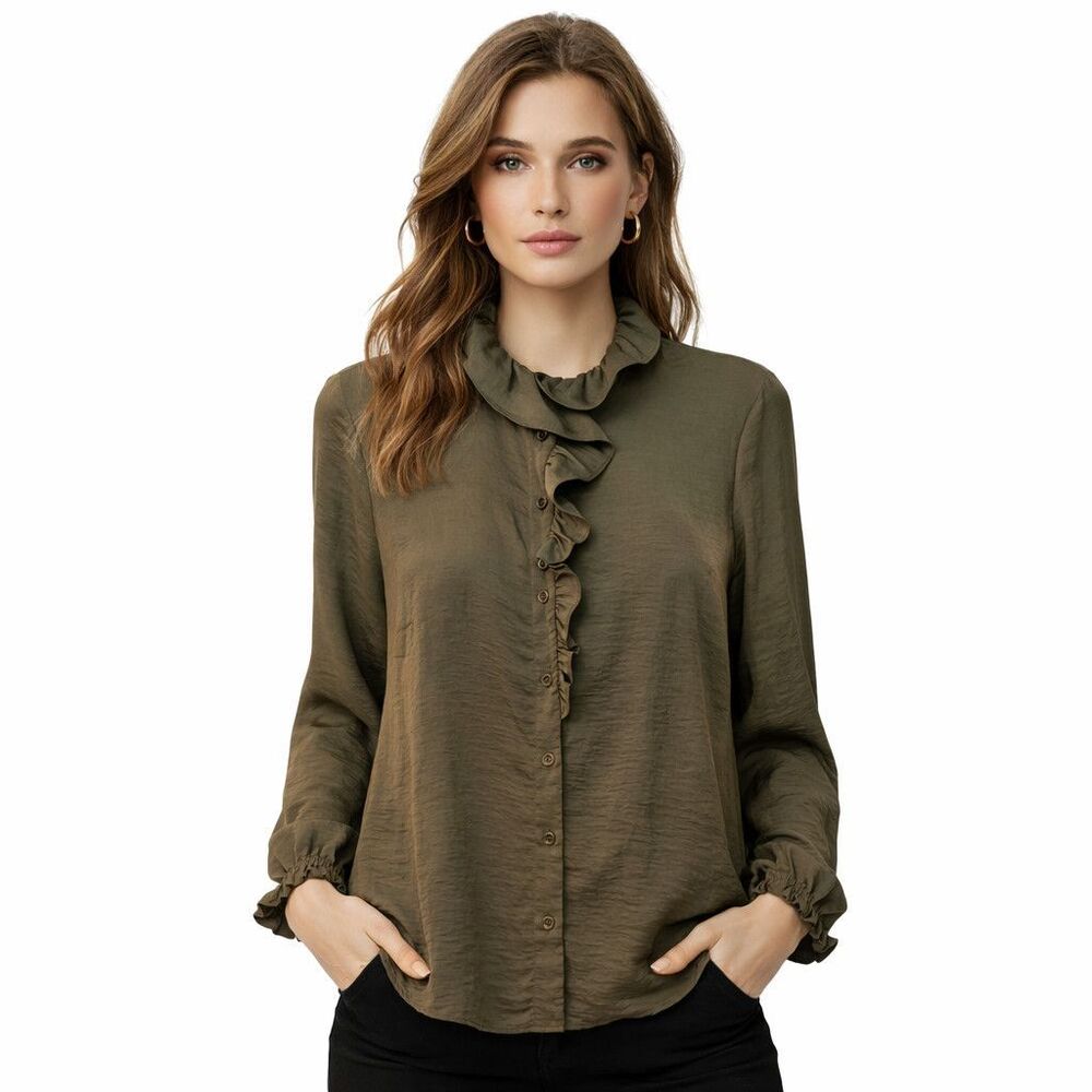 CAbi Blouse Womens XS Green Ruffle Collar Button Front Long Sleeve Basic Top